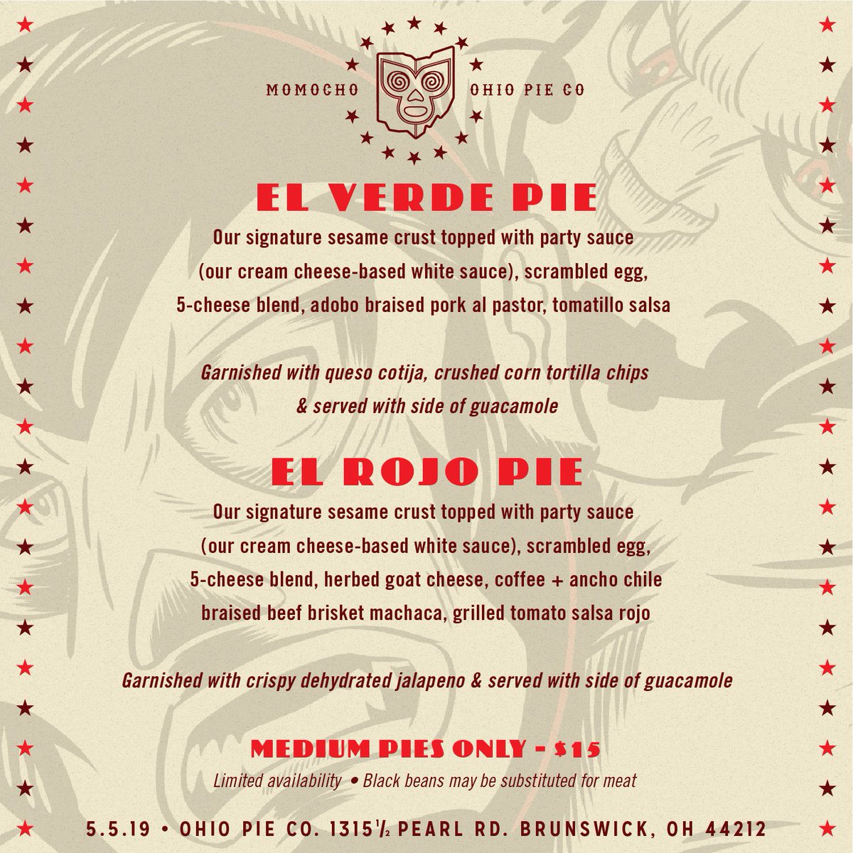OhioPieCo's tweet photo. CINCO DE PIE-O MENU: Available 9a-12p this Sun. or until we sell out.
These can be made vegetarian. Regular brunch pie menu available as well.
See you Sunday.
#ohiostylepizza #modmex #CincoDeMayo https://t.co/yeq6WrU1Bu