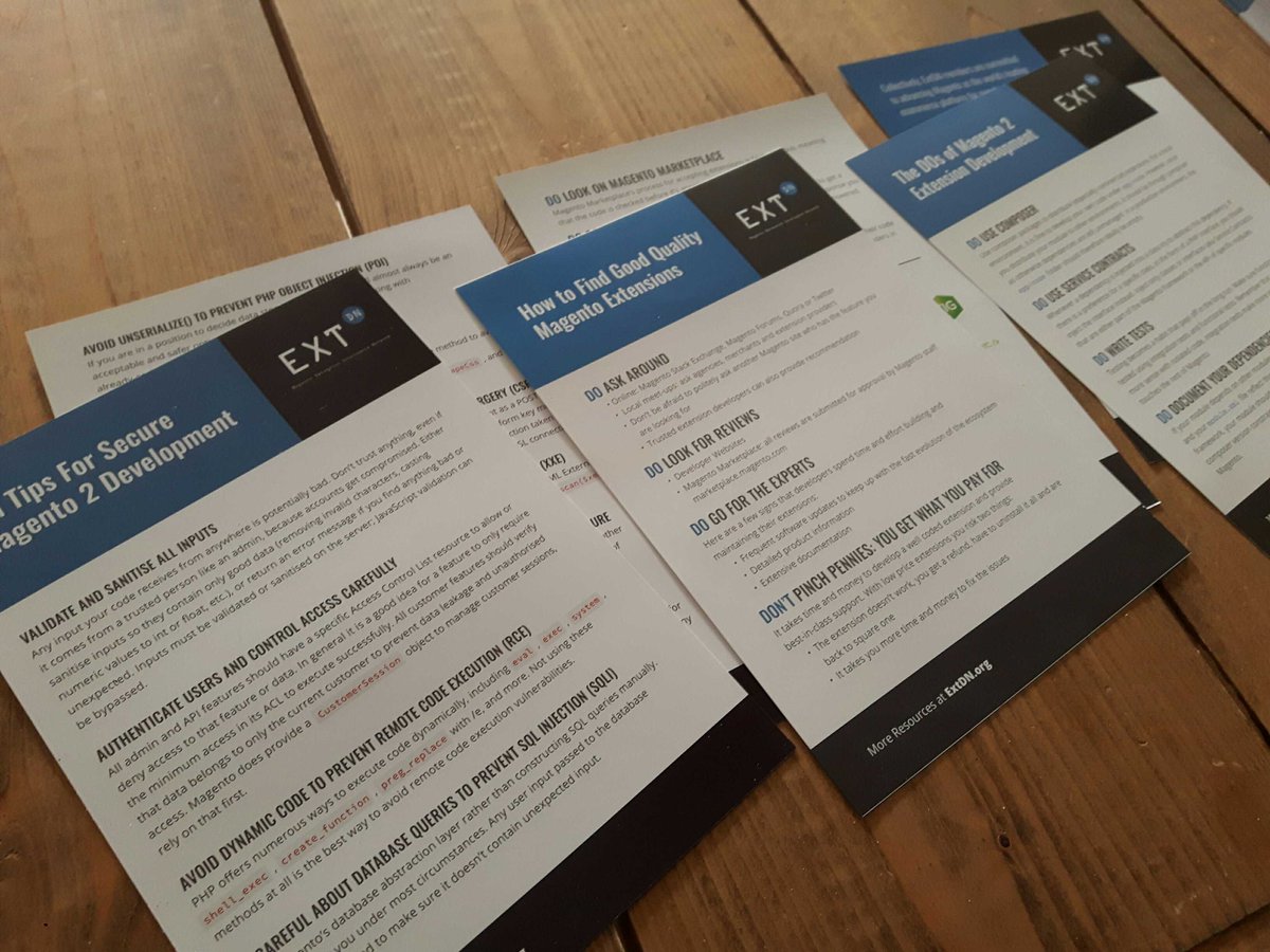 ext_dn's tweet image. It's all happening! We made 2 more flyers to help the Magento Community:
* Merchants: how to find good quality extensions
* Developers: Tips for secure #Magento2 development
Catch them at our next event: #MagentoImagine 13-15 May
#magento #education #security #tips