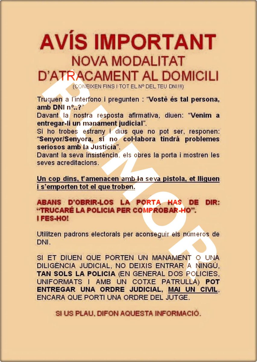 mossos's tweet photo. Heu vist aquest rètol que circula per Internet? Com a mínim circula des del 2013 i de moment, no tenim coneixement de cap robatori seguint aquest modus operandi https://t.co/rXvzL0wUH3 https://t.co/07quSyuyKF