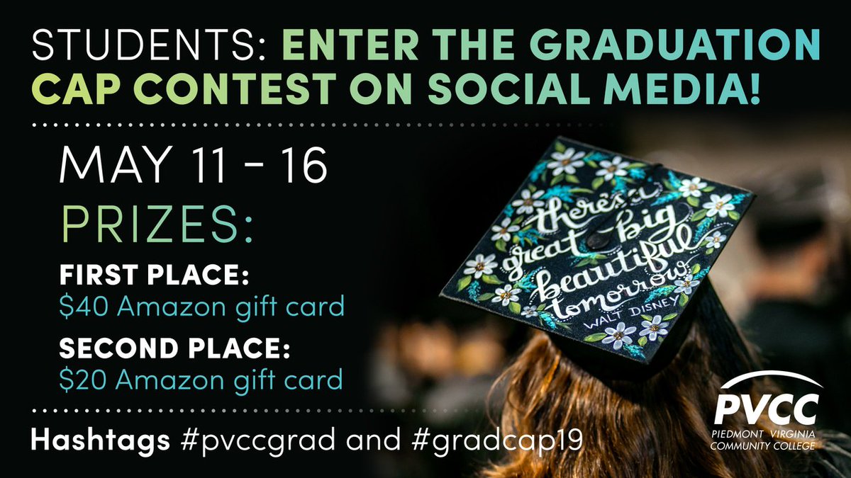 PiedmontVaCC's tweet photo. Share your creativity 🎓 
.
.
.
We're back with the Grad Cap Contest! We're looking for the best caps for the 2019 spring commencement. Show it off by using #pvccgrad &amp; #gradcap19 for a chance to win one of two prizes! 

Enter by Thursday, May 16 // Voting starts on May 11. https://t.co/dHAphQ7wls