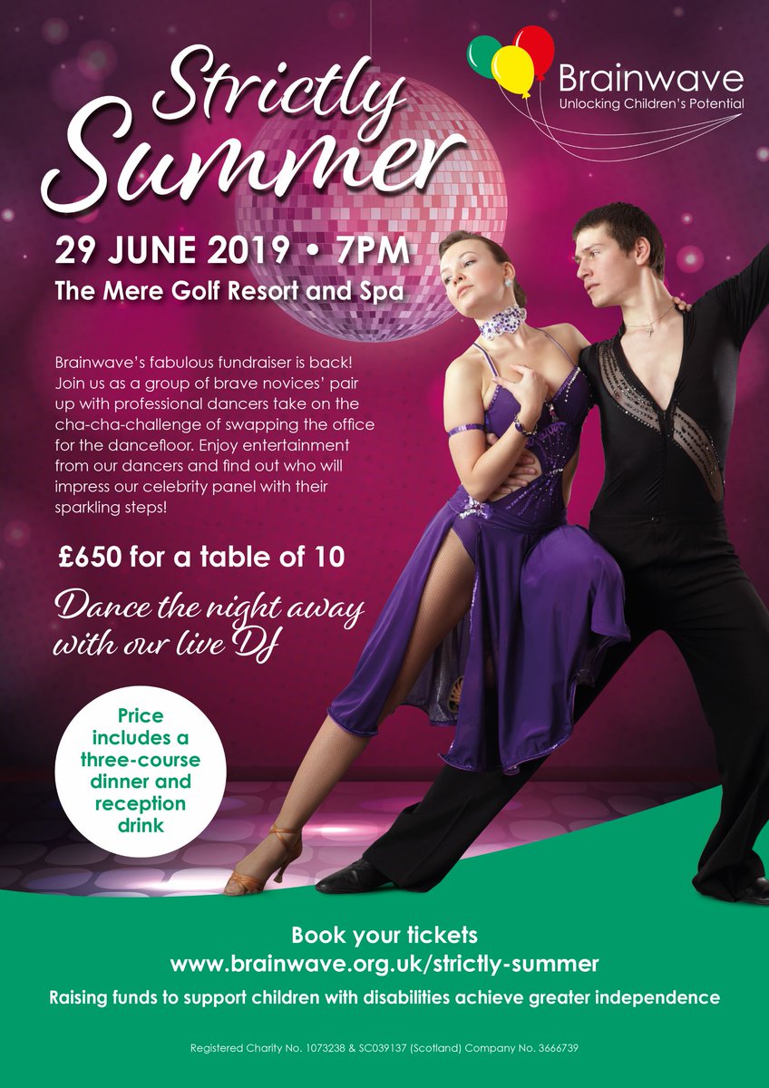 Tickets are on sale now for our fabulous fundraiser, Strictly Summer, taking place on 29 June at <a href="/LifeatMere/">The Mere Golf Resort & Spa</a> Join us for a dazzling evening and show your support to the amateur dancers who took up the cha-cha-challenge! 🎈brainwave.org.uk/Event/strictly…