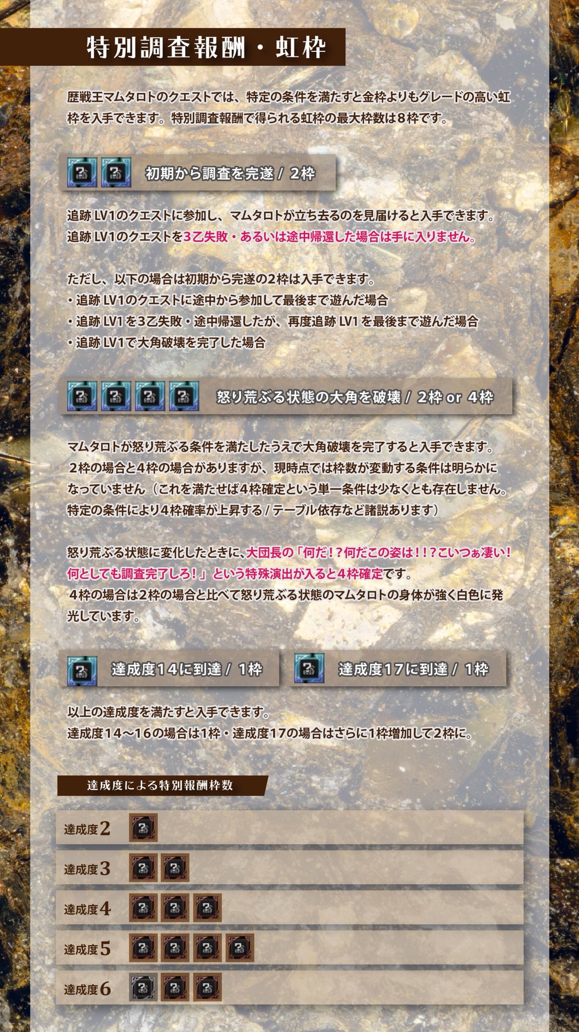 くあてぃ Kuaty 今さら聞けないマムタロト 狂乱のエルドラド 調査報酬編 尻尾破壊なしでも達成度17になる 金枠から皇金武器を入手できる確率は 達成度17で入手できるレア8武器本数の期待値は Etc 達成度のシステムと報酬まわりの