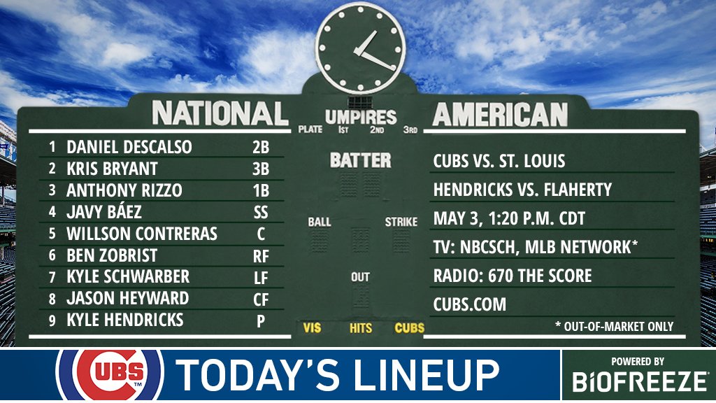 Cubs's tweet photo. Here is today's #Cubs lineup as we open a 10-game homestand. #EverybodyIn

Stream on @NBCSChicago: https://t.co/rGCuW1XI7C https://t.co/4PKnZdjrwd