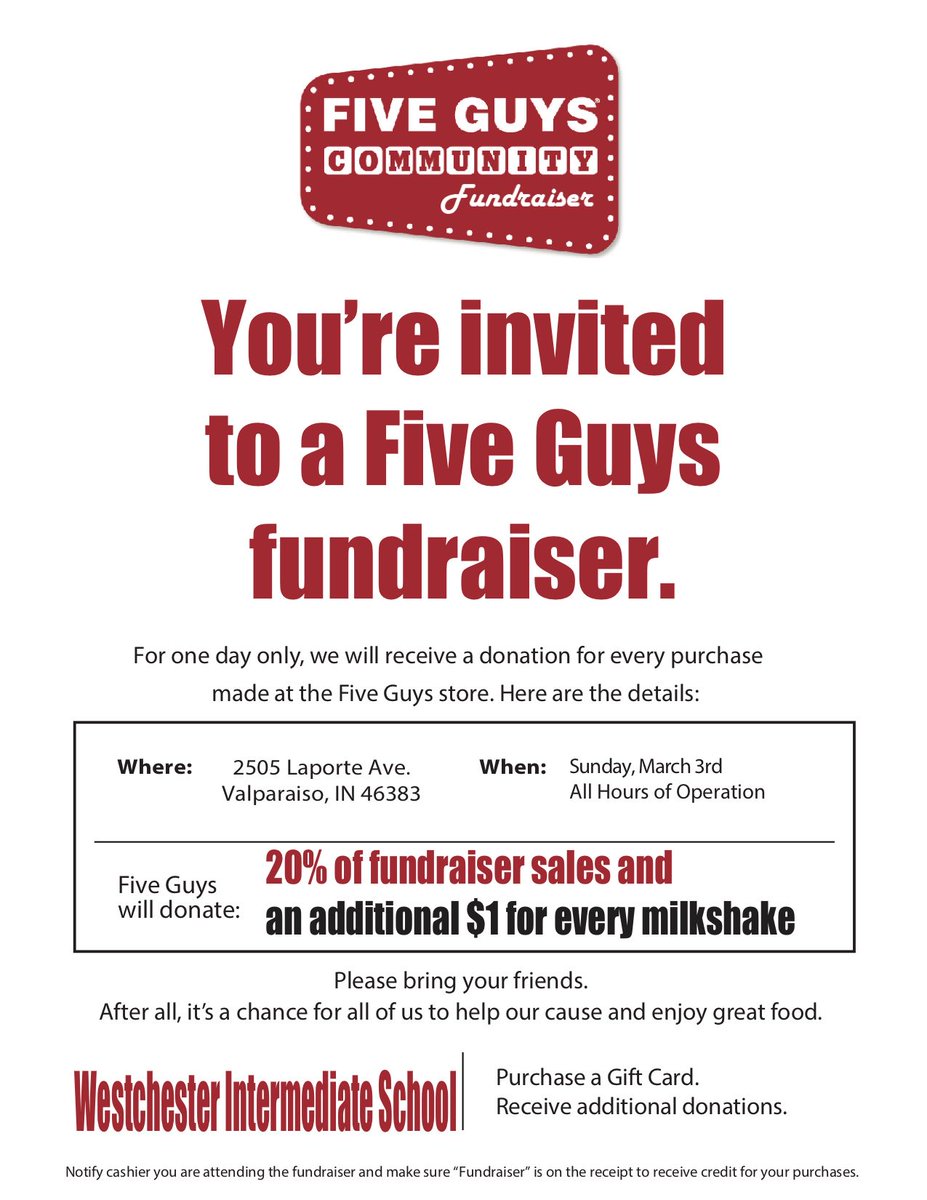 WestchesterInte's tweet photo. The fundraiser for WIS at Five Guys is almost here - don't miss out! https://t.co/ASpx3mGloJ