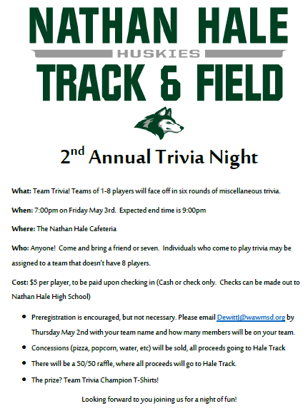 hale_math's tweet photo. Trivia Night tonight at 7:00pm! All are welcome to join us in the Nathan Hale cafeteria to support @Hale_TF and @halegirlstrack. Fun times for a good cause! #haletrack #trivianight https://t.co/EKo5iBIyIQ