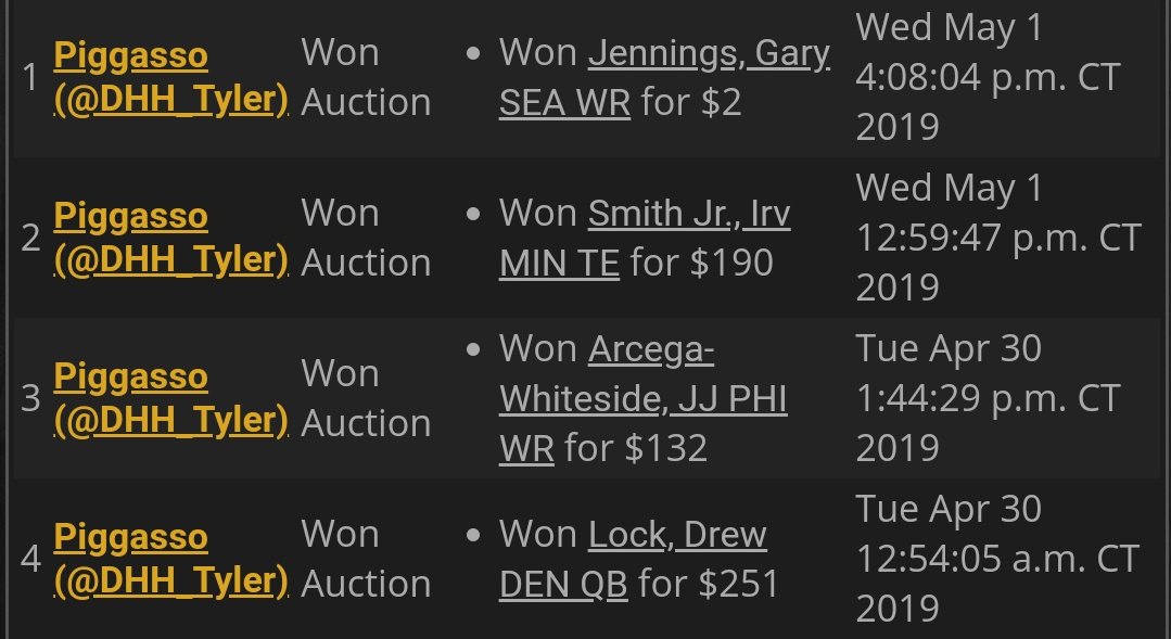 DHH_Tyler's tweet image. Here are my finished rookie drafts/auctions. #UDPL #Pigs3 #HoldtheMayo