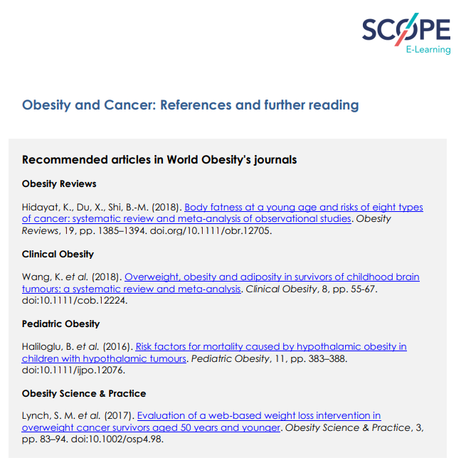 Our modules now include links to related articles in @WorldObesity's esteemed journals, #ObesityReviews, #ClinicalObesity, #PediatricObesity and #ObesitySciencePractice. Best of all, you can access these articles FREE of charge!

Start learning today at scope-elearning.org!