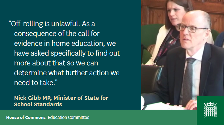 In our final evidence session for our #alternativeprovision inquiry we heard from <a href="/NickGibbUK/">Nick Gibb</a> <a href="/educationgovuk/">Department for Education</a> about off-rolling. 

Watch: bit.ly/2Y690G6
Read the transcript: bit.ly/2Llh6tc