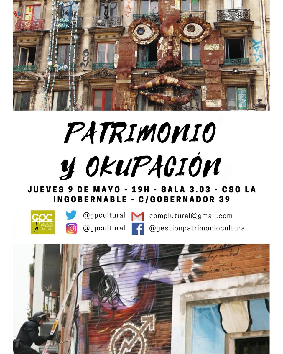 ¡Muy buenas a todxs! Os dejamos por aquí el cartel de nuestra próxima actividad, que tendrá lugar el próximo jueves 9 de mayo a las 19h en <a href="/CSIngobernable/">La Ingobernable</a>. Un coloquio donde hablaremos sobre el patrimonio y el movimiento okupa, los puntos en común y las diferencias que tienen.