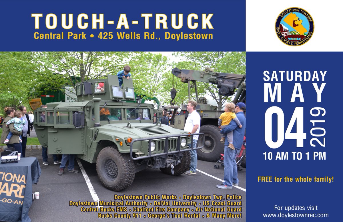 DoylestownTwp's tweet photo. Touch-A-Truck Saturday! 10 am-1 pm, Central Park. Join us for this free, family event that allows your little ones to get up close to their favorite trucks and vehicles! Parking is limited in Central Park. Additional Parking at Kutz Elementary (1950 Turk Rd.). https://t.co/IHa5U6HbDI