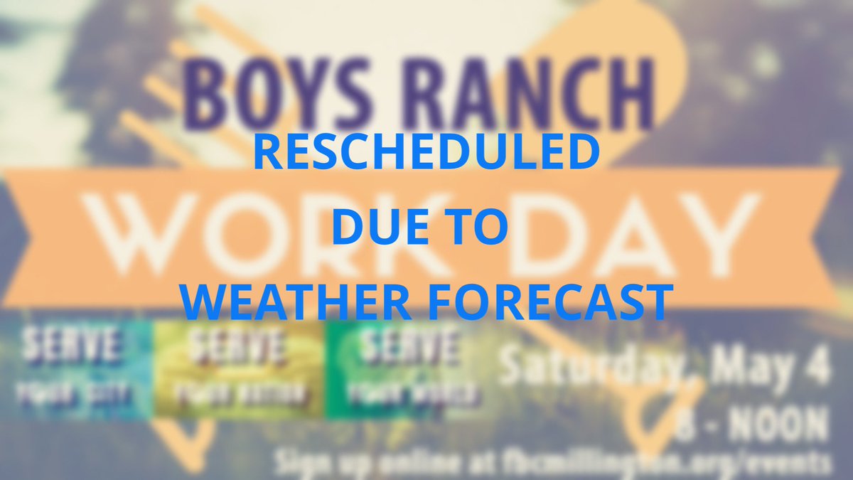 FBCMil's tweet photo. Due to the anticipated rain, the Boys Ranch Work Day scheduled for tomorrow is being postponed. Watch your email and the announcements for details! https://t.co/nnFZ0uy4W6