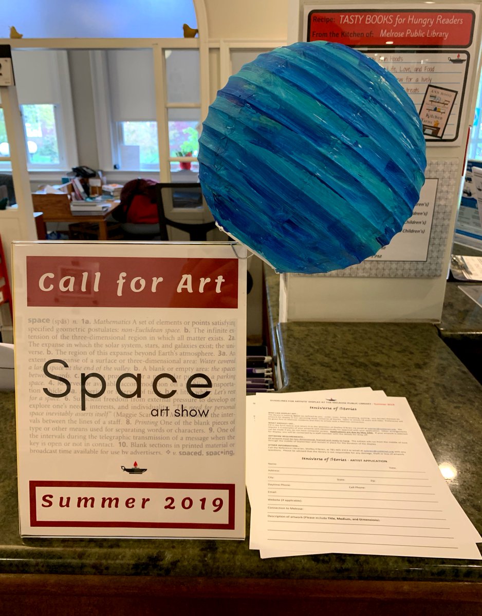 LibraryMelrose's tweet photo. Just a reminder that the library is seeking Space related 2D artwork for display in our upcoming summer reading themed show, Universe of Stories. Stop by the library for an application or download one from our website: https://t.co/OPhyhXMipR. Applications are due May 24th. https://t.co/cOb9d8rgaV