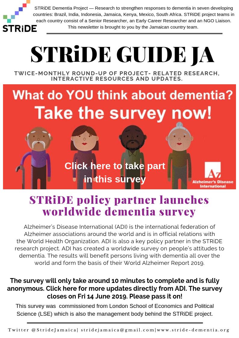StrideJamaica's tweet photo. We're helping you keep track of what's happening in #dementia research in #Jamaica with the brand new, handy dandy #STRiDEGUIDE! First up is a look at @AlzDisInt worldwide survey on #Stigma. Click here and make a difference for dementia: https://t.co/GqitZZmwvp https://t.co/Z590DcAuHl