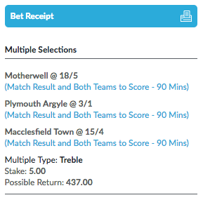 mrfixitstips's tweet photo. My #TwitterTreble pays £437.00 for a fiver
To Win & BTTS
⚽️ Motherwell
⚽️ Plymouth
⚽️ Macclesfield
I'll give away the £437 if it wins
To enter the draw
✅ Follow @mrfixitstips
↩️ Retweet this tweet
👇 Add direct to your betslip
https://t.co/LSfGvgq5xZ
(18+. Be GambleAware) https://t.co/NwwpeeO9te