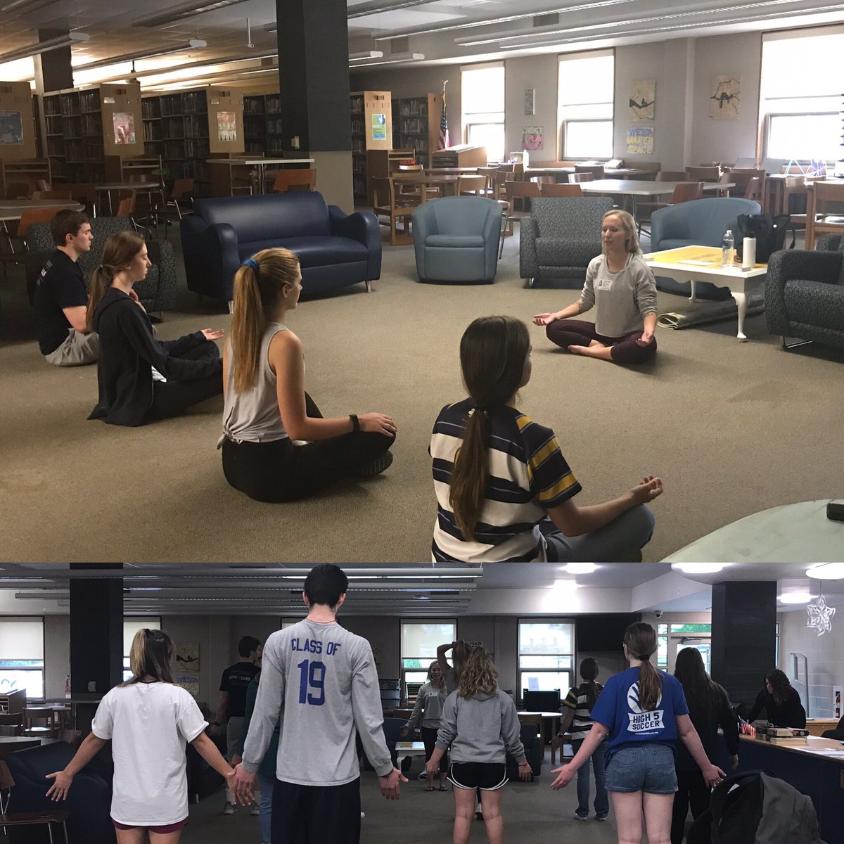 DWestLibrary's tweet photo. It’s Namaste Friday in the library today! What better way to send you into your weekend than shaking out the stress and centering your breath. Join us during your lunch! https://t.co/vaxpr7x75f