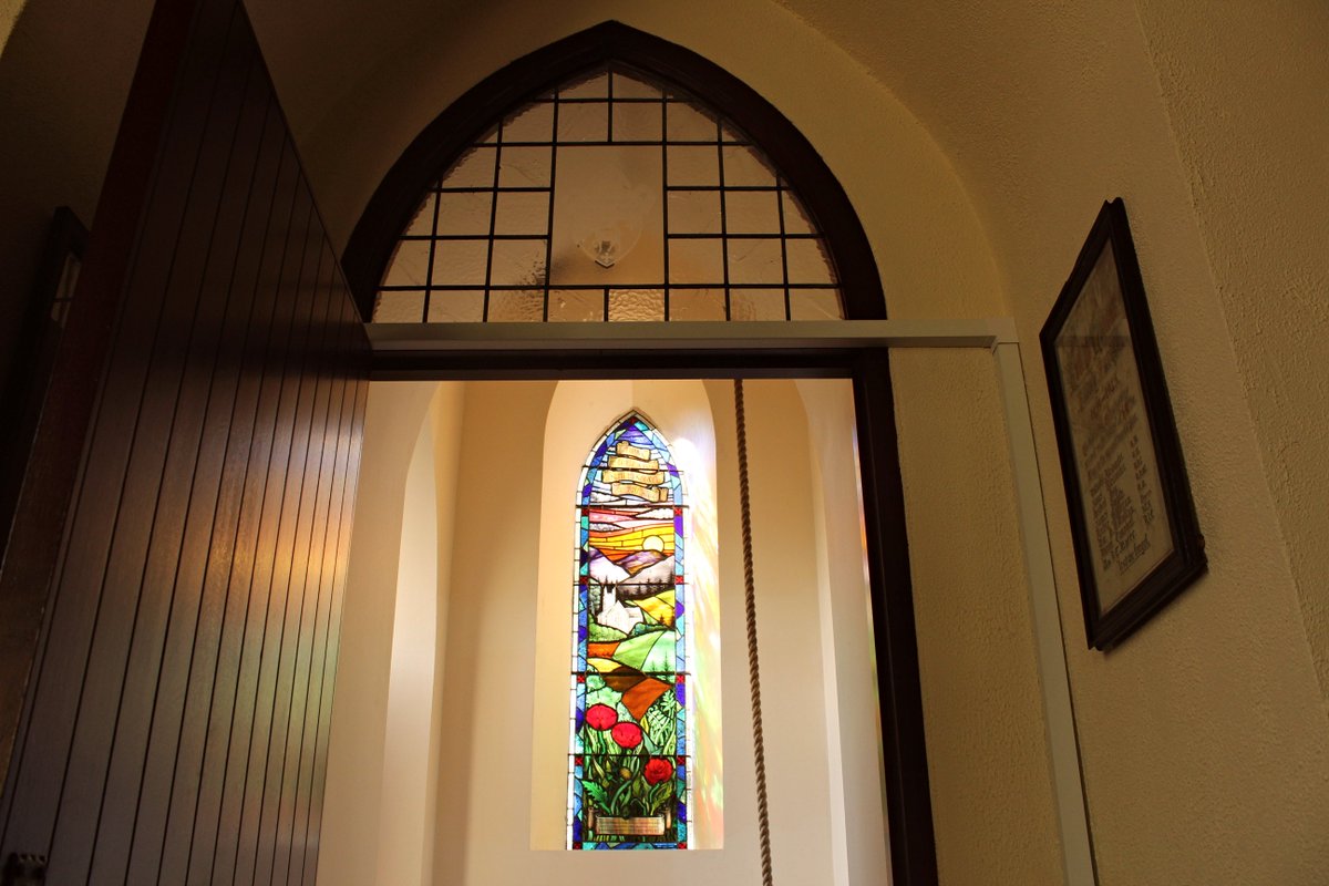 How beautiful is this #stainedglasswindow? Just installed in Finvoy Parish Church. Designed &amp; painted by Kerrie our #stainedglass artist and constructed by our stained glass team, it shows the church nestled in a beautiful #Irish countryside #designthatworks #teamglassmarque