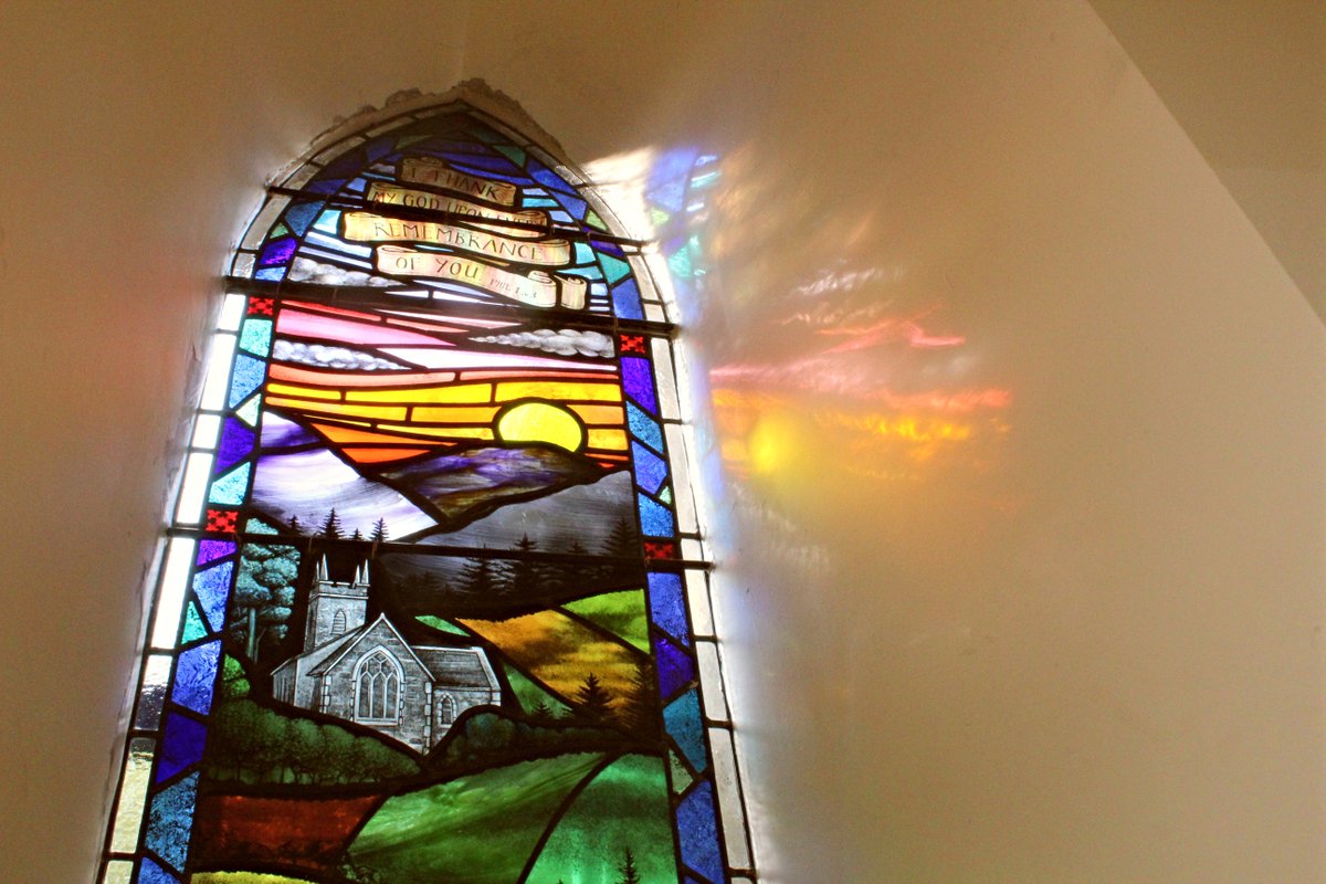 Glassmarque's tweet photo. How beautiful is this #stainedglasswindow? Just installed in Finvoy Parish Church. Designed &amp; painted by Kerrie our #stainedglass artist and constructed by our stained glass team, it shows the church nestled in a beautiful #Irish countryside #designthatworks #teamglassmarque https://t.co/engy9W1lXm
