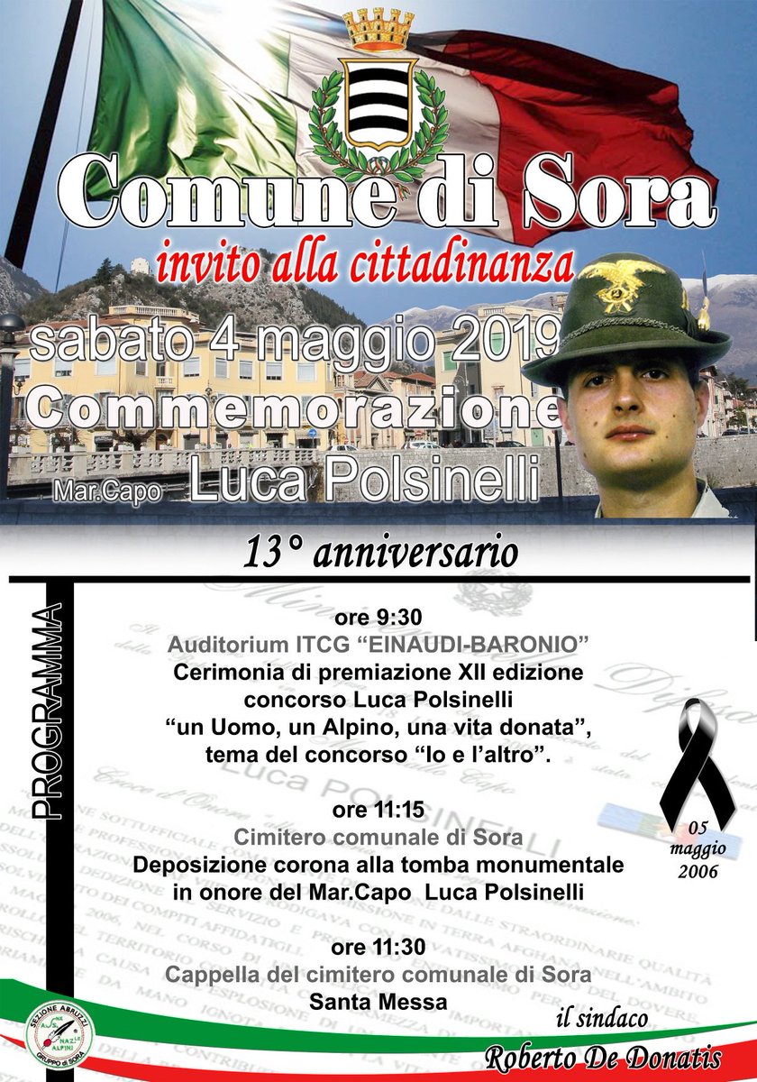 ComunicaCity - Sora - "XIII anniversario scomparsa Mar. Cap. Luca Polsinelli, sabato 4 maggio la commemorazione" comunicacity.net/sora/2019/05/0…