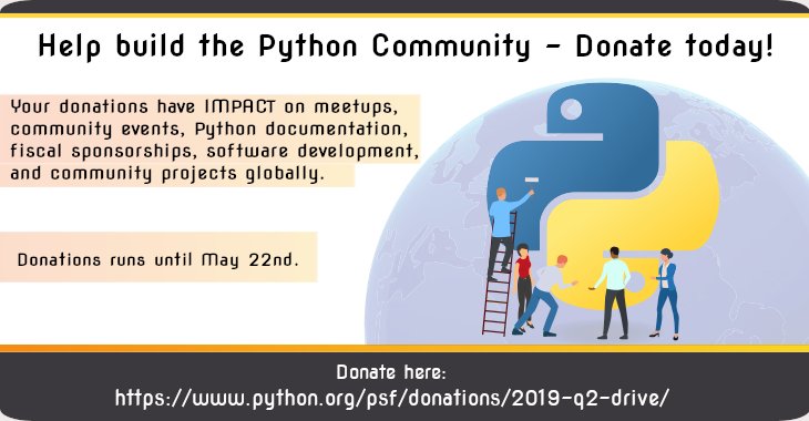 Python Ghana (@pyghana) on Twitter photo Your support is what makes <a href="/ThePSF/">Python Software Foundation</a> possible. Invest in your community by donating to their fundraiser and help the Python Software Foundation reach the $60,000 goal! python.org/psf/donations/โฆ
#Python #PyCon #PyCon2019 #PythonGhana Your support is what makes <a href="/ThePSF/">Python Software Foundation</a> possible. Invest in your community by donating to their fundraiser and help the Python Software Foundation reach the $60,000 goal! python.org/psf/donations/โฆ
#Python #PyCon #PyCon2019 #PythonGhana