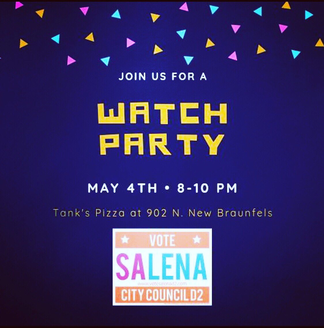 VoteSalenaD2's tweet photo. May the force be with us on May 4th! #VoteSalenaD2 #WatchParty #District2SA #LocalElectionsMatter #SATX https://t.co/s3WAM9gIpS
