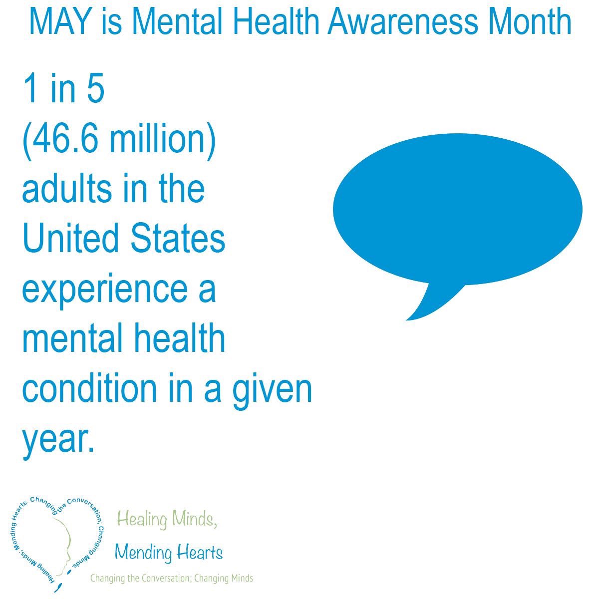 HealingMindsSA's tweet photo. May is Mental Health Awareness Month.
1 in 5 (46.6 million) adults in the United States experience a mental health condition in a given year. #1In5Minds #Act4MentalHealth #StrongerThanTheStigma #MHM2019
#HealingMindsSA https://t.co/CZWQHat6fc