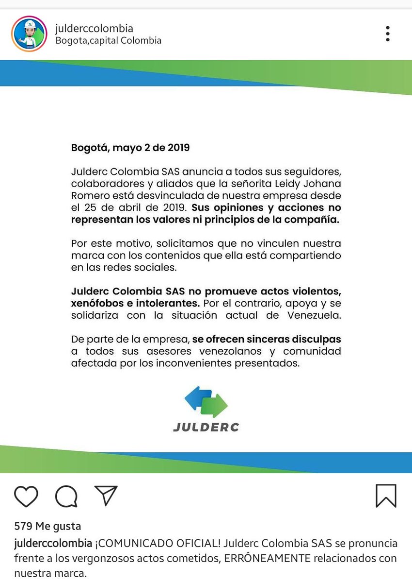 Una colombiana, y sus amigos, hacían burla sobre los venezolanos que llegaban al vecino país por la crisis humanitaria en Venezuela. La tipa borró el video y cerró los comentarios en los post de su cuenta en Instagram. 

Hoy fue despedida de la empresa donde laboraba.