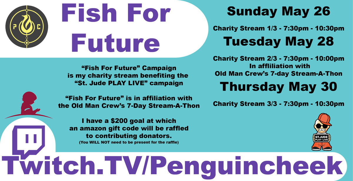 Penguincheek's tweet photo. Don't forget that the last 3 streams of may will be to benefit @StJudePLAYLIVE!!! At the $100 marker, a T1 sub will be raffled to donators, and at $200 an amazon gift code will be raffled to donators!!!
#OMC #EeCrew #StJudePLAYLIVE https://t.co/xCCuzmOsjT