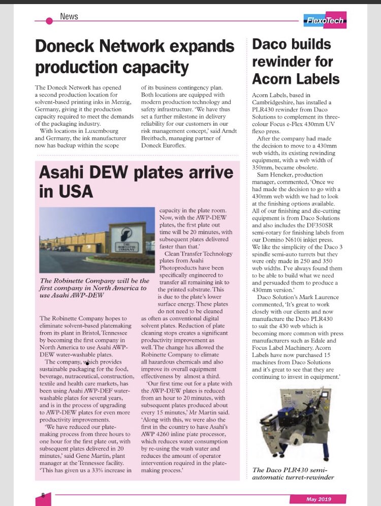 Thank you for the mention <a href="/FlexoTechMag/">FlexoTech Magazine</a>. Daco Solutions build a Daco PLR430 for <a href="/AcornLabels/">Acorn Labels</a>  to compliment the <a href="/FocusLabel/">Focus Label</a> flexographic press.