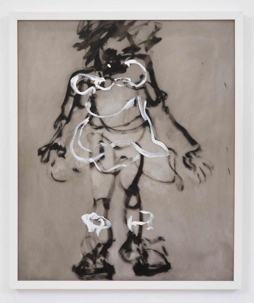 #KimDingle painted a series of her trademark character, Priss, blindfolded on Plexiglass - a most unforgiving and impenetrable material. ⁣ 
Kim Dingle, "Painting Blindfolded, Knee Socks" (2017)