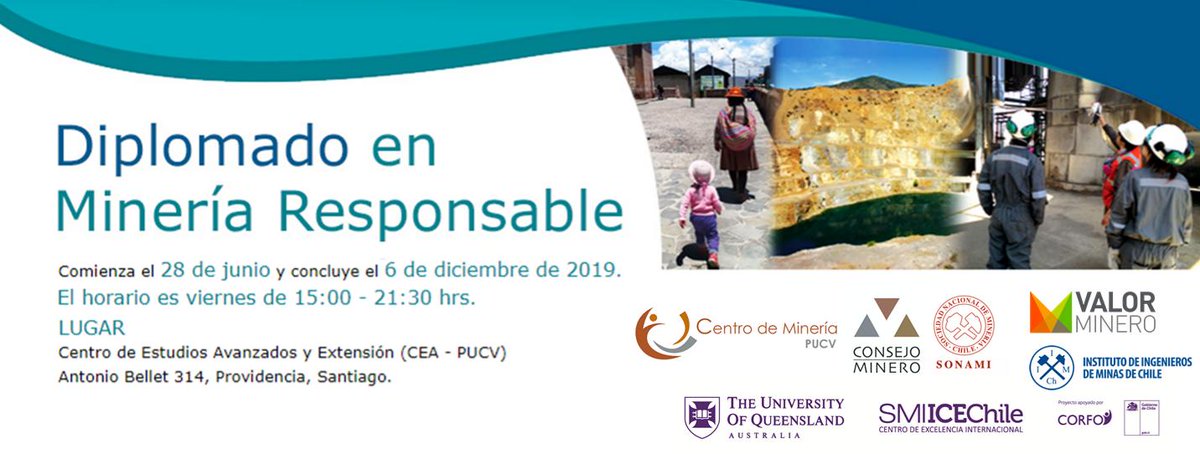 Inscripciones abiertas: Diplomado en Minería Responsable. 
centromineria.pucv.cl/dmr/
A partir del 28 de junio de 2019, el Centro de Minería PUCV dará inicio a la Cuarta Versión del Diplomado en Minería Responsable