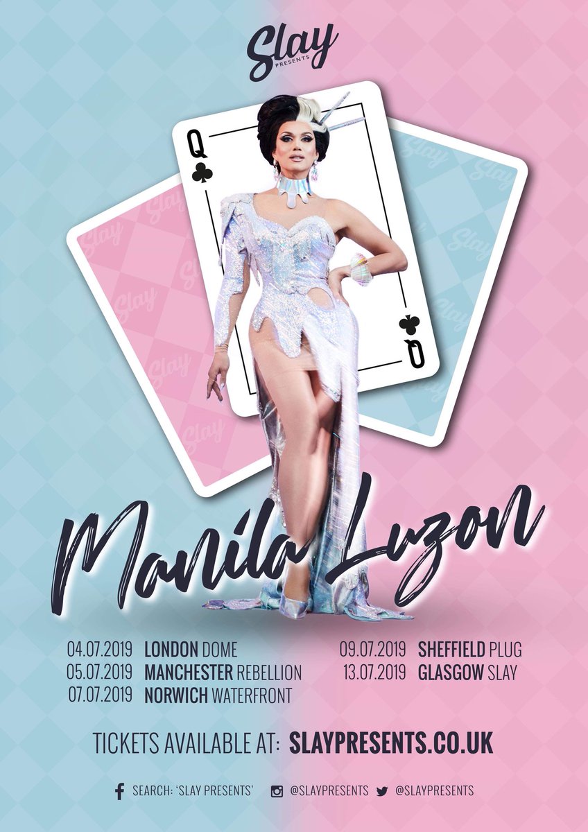 Slay! (@slaypresents) on Twitter photo 💖 MANILA IS COMING TO SLAY!
<a href="/manilaluzon/">Manila Luzon</a> came 2nd in the 3rd season of RuPaul's Drag Race & has since been a contestant on All Stars 1 & 4.
Hosted by the fabulous Ru Jazzle & backed up by Slay! Queens.
Tickets @ slaypresents.co.uk
All shows 14+ | Limited M+G available 💖 MANILA IS COMING TO SLAY!
<a href="/manilaluzon/">Manila Luzon</a> came 2nd in the 3rd season of RuPaul's Drag Race & has since been a contestant on All Stars 1 & 4.
Hosted by the fabulous Ru Jazzle & backed up by Slay! Queens.
Tickets @ slaypresents.co.uk
All shows 14+ | Limited M+G available