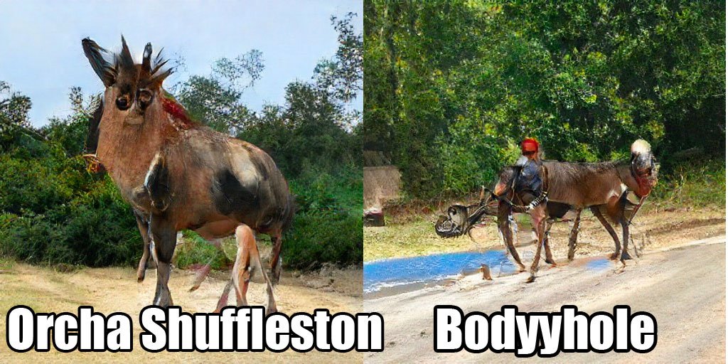 Orcha Shuffleston is huge and hairy with weird horns. A quadruped, though. Bodyyhole has too many legs and no identifiable front end.