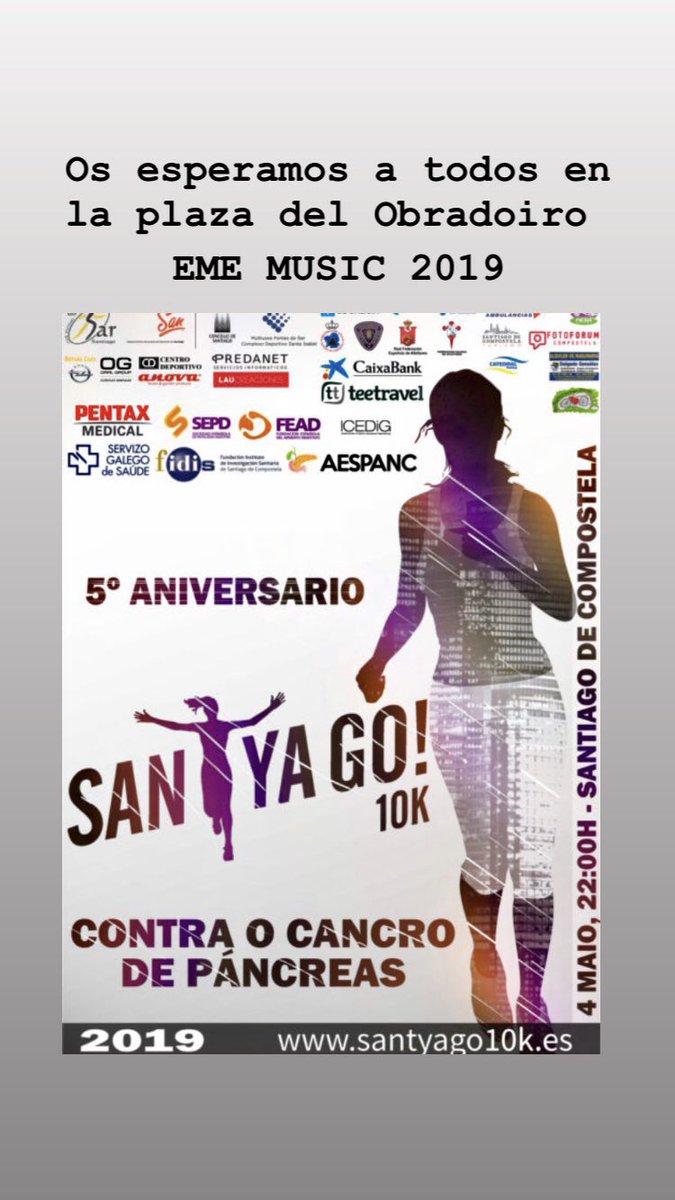 eMeMUSIC_DMOVIL's tweet photo. Mañana os esperamos en la #santyago10k 2019 y en Sestaio -Muros con dos grandes fiestas .
Empieza la gira #ememusic2019
❤️❤️❤️✌🏻✌🏻✌🏻 https://t.co/sziGVzOAwO
