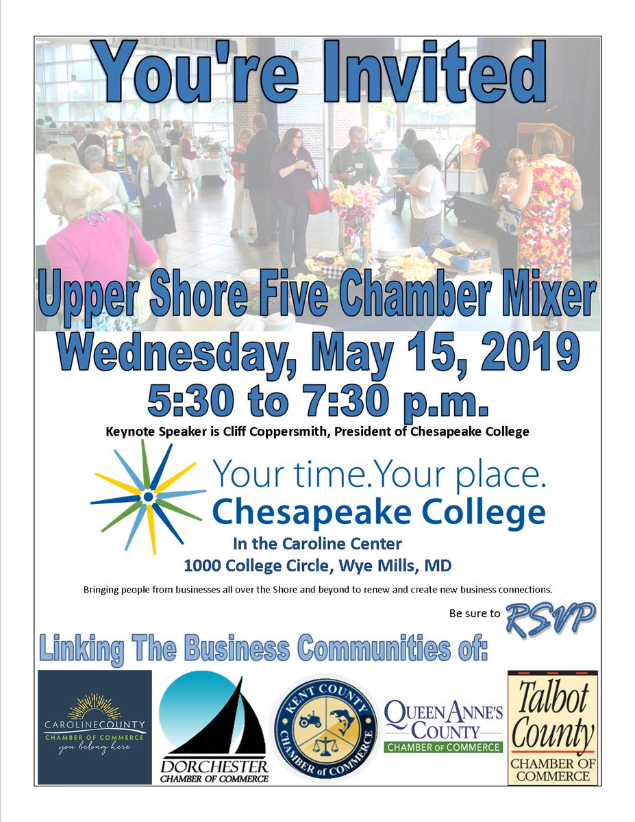 DorChamberComm's tweet image. Join us on May 15 at @ChesapeakeColl  for the Annual 5 Chamber Mixer - Always a great way to renew or create new business connections! RSVP Today! bit.ly/5ChamberMixer
