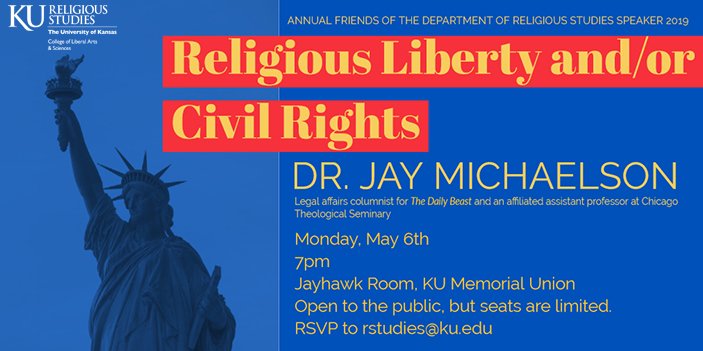 Finally, to cap it all off: the 2019 Friends of the Department of Religious Studies Speaker Jay Michaelson, 7:00pm in the Jayhawk Room, <a href="/KUunion/">KU Memorial Union</a>!