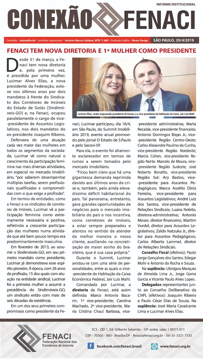 fenaci's tweet photo. A coluna Conexão Fenaci de abril, publicada dia 29/4 na página B6 do @Estadao , apresenta a goiana Lucimar Alves Elias, a primeira mulher a presidir a Federação Nacional dos Corretores de Imóveis. Traz ainda toda a composição da recém-empossada diretoria. Confira: https://t.co/W0fFROh8mE