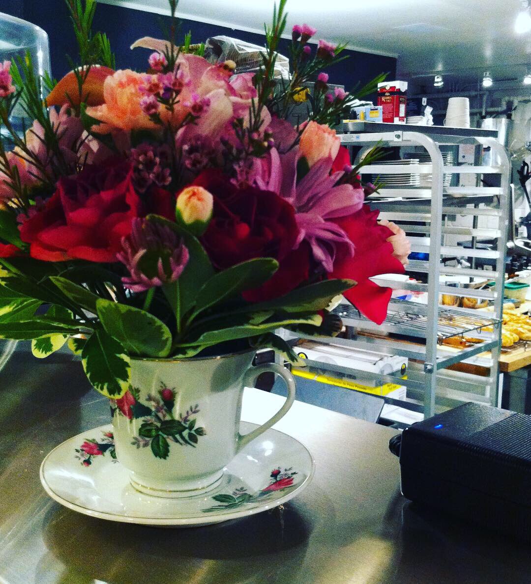#flowerfriday. Thank you Rose @blackrabbitpilsen for this beautiful arrangement. Thanks M 💜 M for the arrangement in the second photo, 8 years ago this week to celebrate the opening of #pleasanthousebakery. 🥀 💜 🥧 🍺 #8years #pleasanthouse #royalpies #fishfryday #pilsenchicago