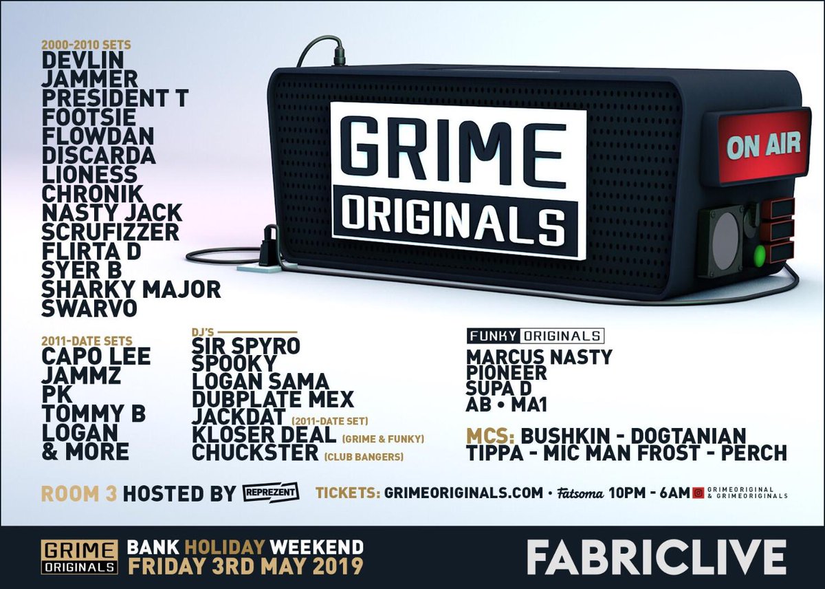 🔥 TONIGHT <a href="/GrimeOriginals/">GrimeOriginals</a> <a href="/fabriclivehq/">FABRICLIVE</a> w/ <a href="/DevlinOfficial/">Devlin</a> <a href="/jammerbbk/">Jammer</a> <a href="/Prez_T/">PRESIDENT T</a> <a href="/Footsie/">Farda Waz ❤️💛💚</a> <a href="/BigFlowdan/">Flowdan</a> <a href="/discarda/">discard apricot</a> <a href="/LionessOfficial/">L!ONESS</a> <a href="/Darealchronik/">ANCIENT ONE</a> <a href="/CapoLee100/">Lxrd Capo</a> <a href="/Jammz/">Yardileiro</a> <a href="/SIRSPYRO/">Sounds Of The Sir</a> <a href="/djlogansama/">Logan Sama</a> <a href="/MarcusNasty/">Marcus Nasty</a> &amp; More! 
TICKETS: fatso.ma/FNEX