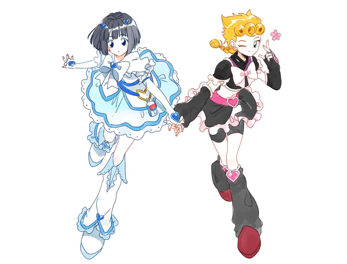 cure black ,cure white ,giorno giovanna cosplay black hair blonde hair magical girl boots 2boys one eye closed  illustration images