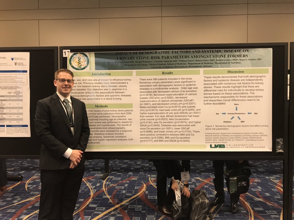 Carter Boyd, MD, MBA (@carterjboyd) on Twitter photo Enjoyed presenting our multivariate analysis on demographic factors and systemic diseases associated with urinary stone risk parameters at #AUA19 on behalf of <a href="/UABUrology/">UAB Urology</a> with my great mentors <a href="/DeanAssimos/">Dean Assimos</a> and <a href="/drkyledavidwood/">Kyle David Wood</a> Enjoyed presenting our multivariate analysis on demographic factors and systemic diseases associated with urinary stone risk parameters at #AUA19 on behalf of <a href="/UABUrology/">UAB Urology</a> with my great mentors <a href="/DeanAssimos/">Dean Assimos</a> and <a href="/drkyledavidwood/">Kyle David Wood</a>