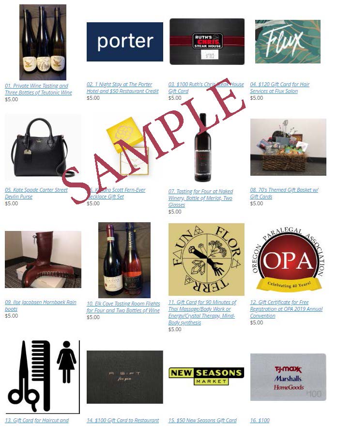 40th Anniversary Soiree and Fundraiser - Check out the raffle prizes, randomized drawing options, and direct donation options at oregonparalegals.org/Raffle

All raffle proceeds support the Lawyers' Campaign for Equal Justice ("CEJ") and winners need not be present to win!