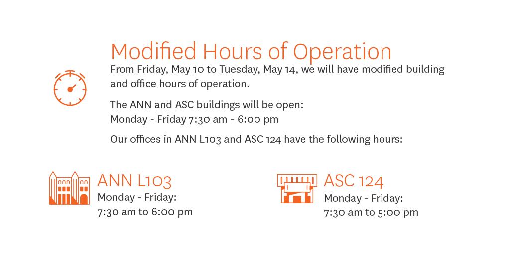 ASCJTechOps's tweet image. From Friday, May 10 to Tuesday, May 14, we will have modified building and office hours of operation. #ascj