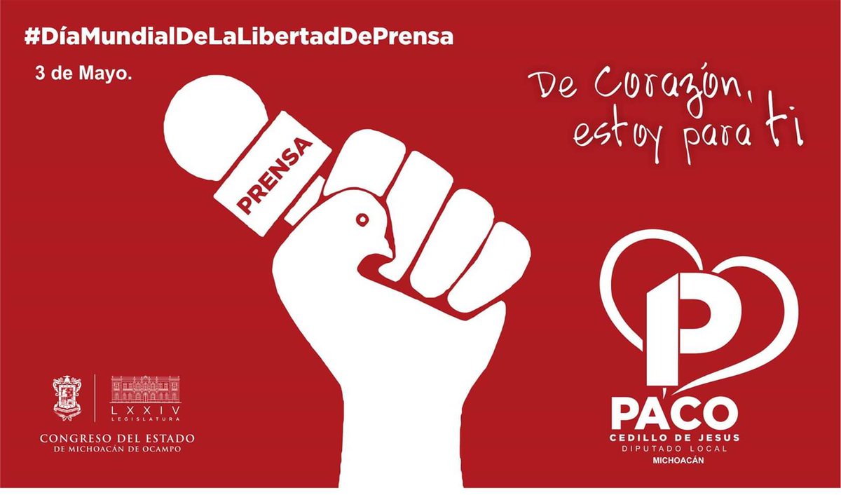 PacoDiputado's tweet photo. Como Diputado he tenido el privilegio de tratar a profesionales de la comunicación, reporteros, periodistas y columnistas. A todas ellas y ellos mi reconocimiento y respeto a su labor. #PacoCedilloDiputado #DeCorazónEstoyContigo #MorenaMichoacán #DíaMundialDeLaLibertadDePrensa https://t.co/wHURIMU2Xd