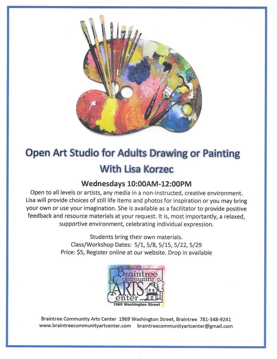 Open Art Studio for Adults on Wednesdays 10AM-12PM. $5 <a href="/braintree_art/">Braintree Art Center</a> . Come start a drawing, painting etc. or work on one in progress. This is a casual atmosphere, bring your coffee/tea and come join us~ #Braintree #allarewelcome #community