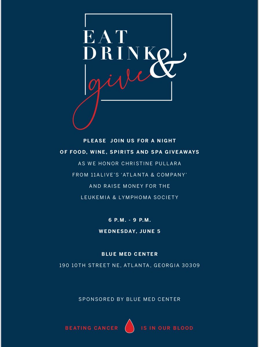 atlandco's tweet image. Eat, Drink, &amp;amp; GIVE! Join us for an amazing night, all benefiting @cdpullara's fundraising goal for @LLSusa.
RSVP here: bit.ly/2VH76ym
Thank you, Blue Med Center!
