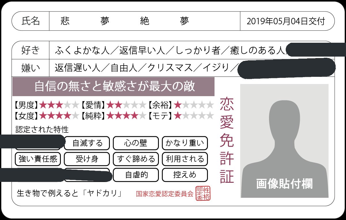 悲夢絶夢 恋愛免許証 さすがに少しは良くなってるんじゃ ということで再発行しましたがそれどころか前よりメンヘラモードが深刻化しているので人と関わるのやめていいですか あ やめていい さようなら 純粋上がったけど愛情と余裕とモテがよぉ あと 悲夢絶夢 恋愛免許証 さすがに少しは良くなってるんじゃ ということで再発行しましたがそれどころか前よりメンヘラモードが深刻化しているので人と関わるのやめていいですか あ やめていい さようなら 純粋上がったけど愛情と余裕とモテがよぉ あと
