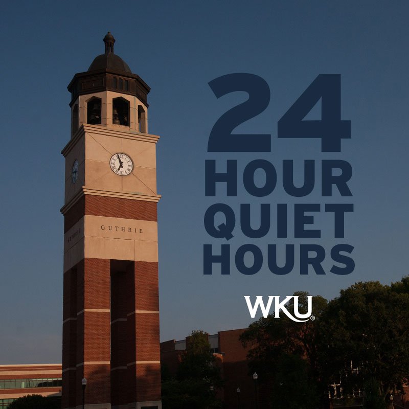 24-hour quiet hours begin today at 10 pm and continue through finals week, ending at 1 pm on Friday, May 10. Be kind to one another during this stressful time.