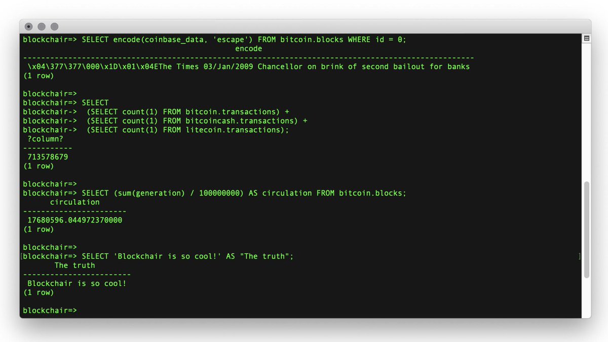 Introducing Blockchair SQL that allows to execute arbitrary SQL requests against $BTC, $BCH and $LTC blockchains (others are coming soon). The biggest blockchain databases are at hand now! 🕵️‍♂️ Read the docs: blockchair.com/sql