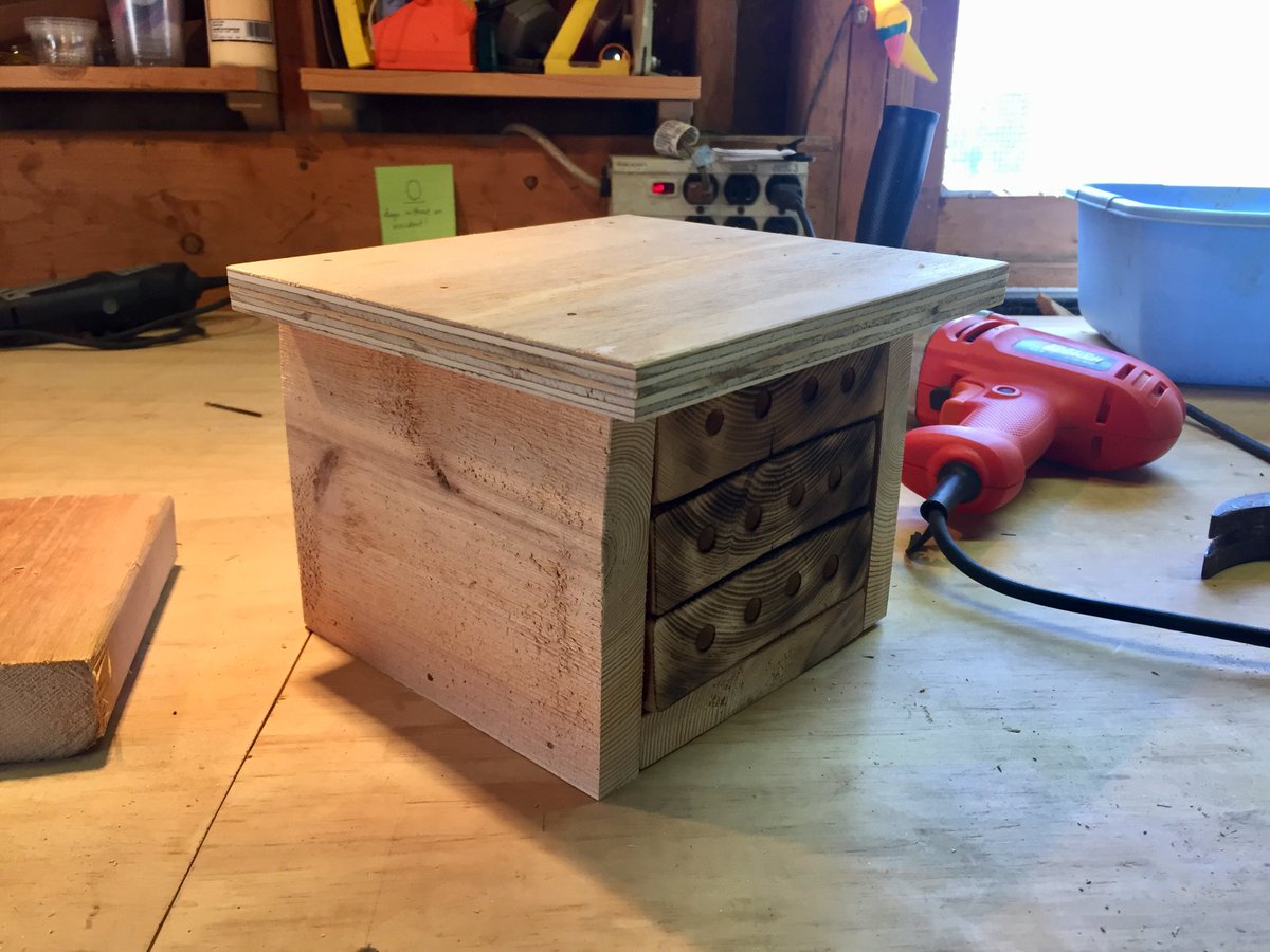 Here's a mason bee house I just made for a local friend. Not shown is a 2nd set of blocks that get swapped in when this year's blocks are removed (when holes all filled and capped). Come spring 2020 these "2019 blocks" will be placed in a protected box with a tiny escape hole.