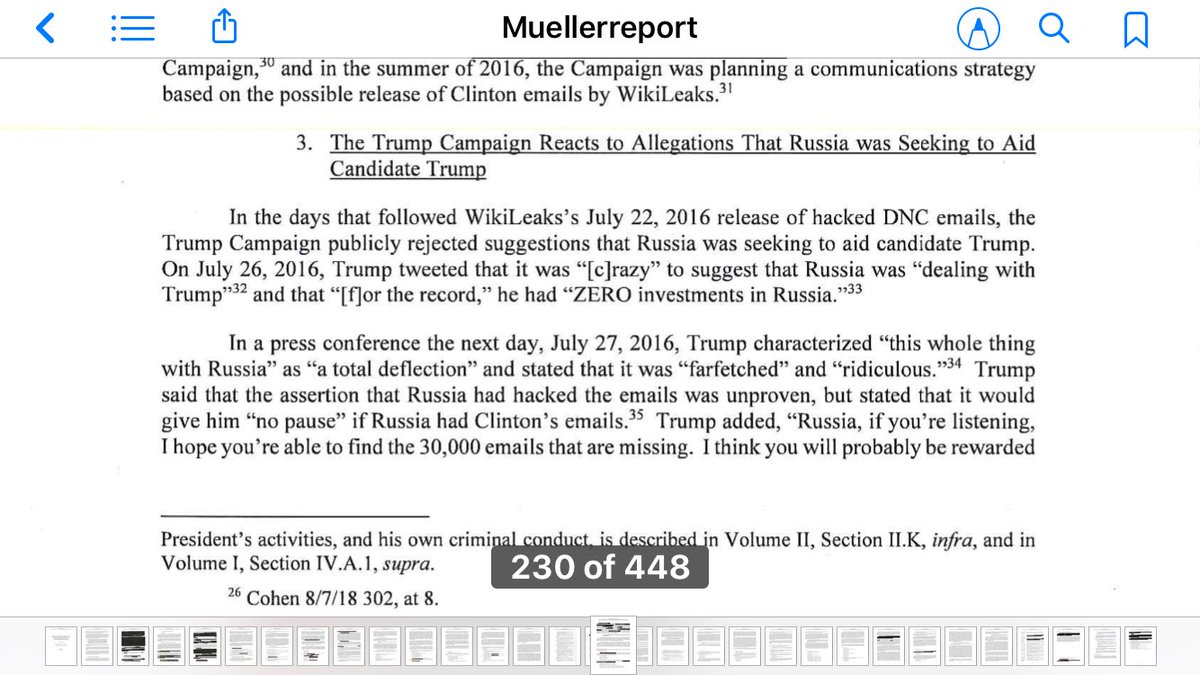 58. 4 damning pages:Trump campaign reacts enthusiastically to a foreign adversary hacking Democrats and plots a strategy around using stolen information; denies having any business dealings with this adversary and then denies Russia hack, while soliciting Russia to hack HRC. Oi